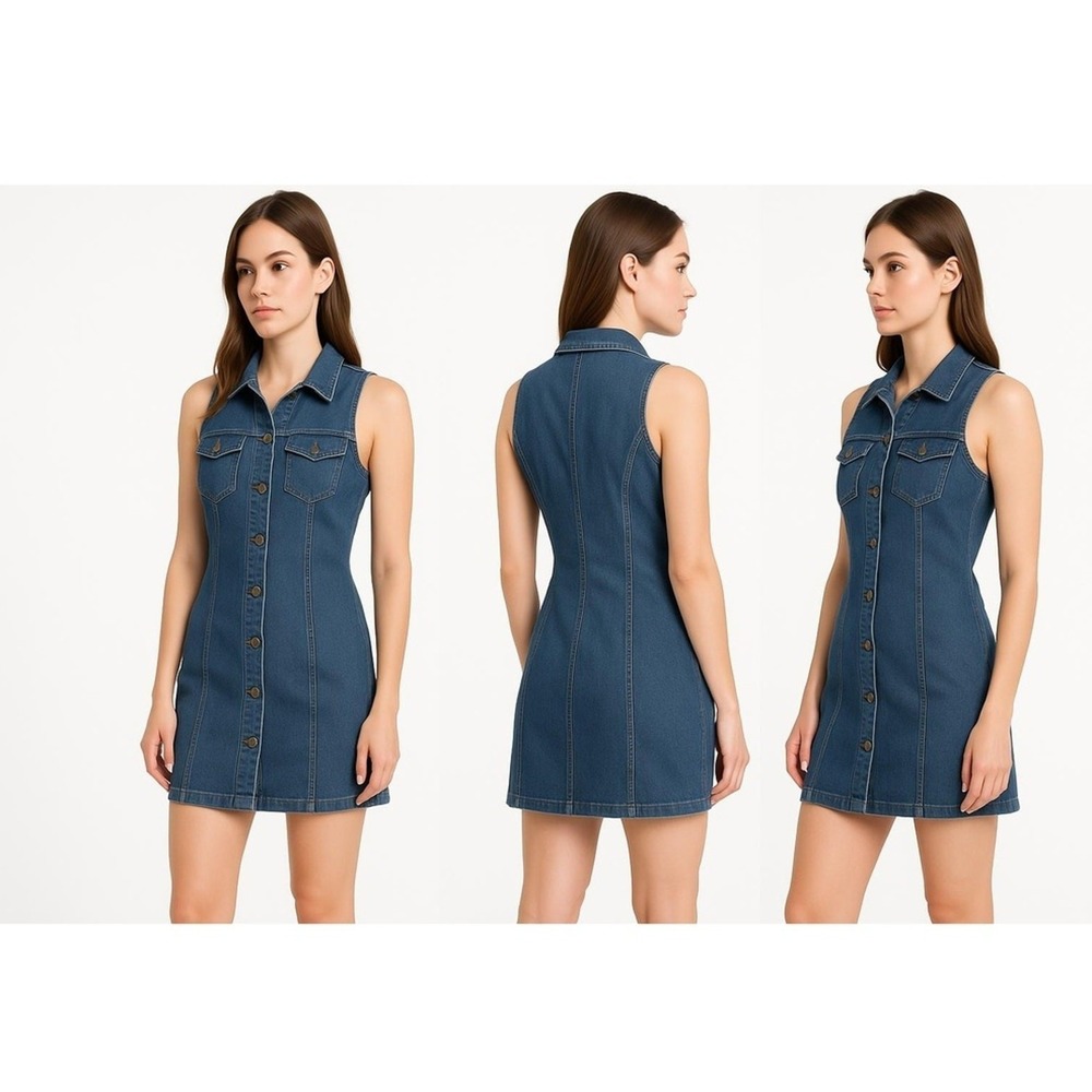 Tickets Clothing Dress Women's 5‎ 6 Mini Denim Blue Sleeveless Buttons Collared